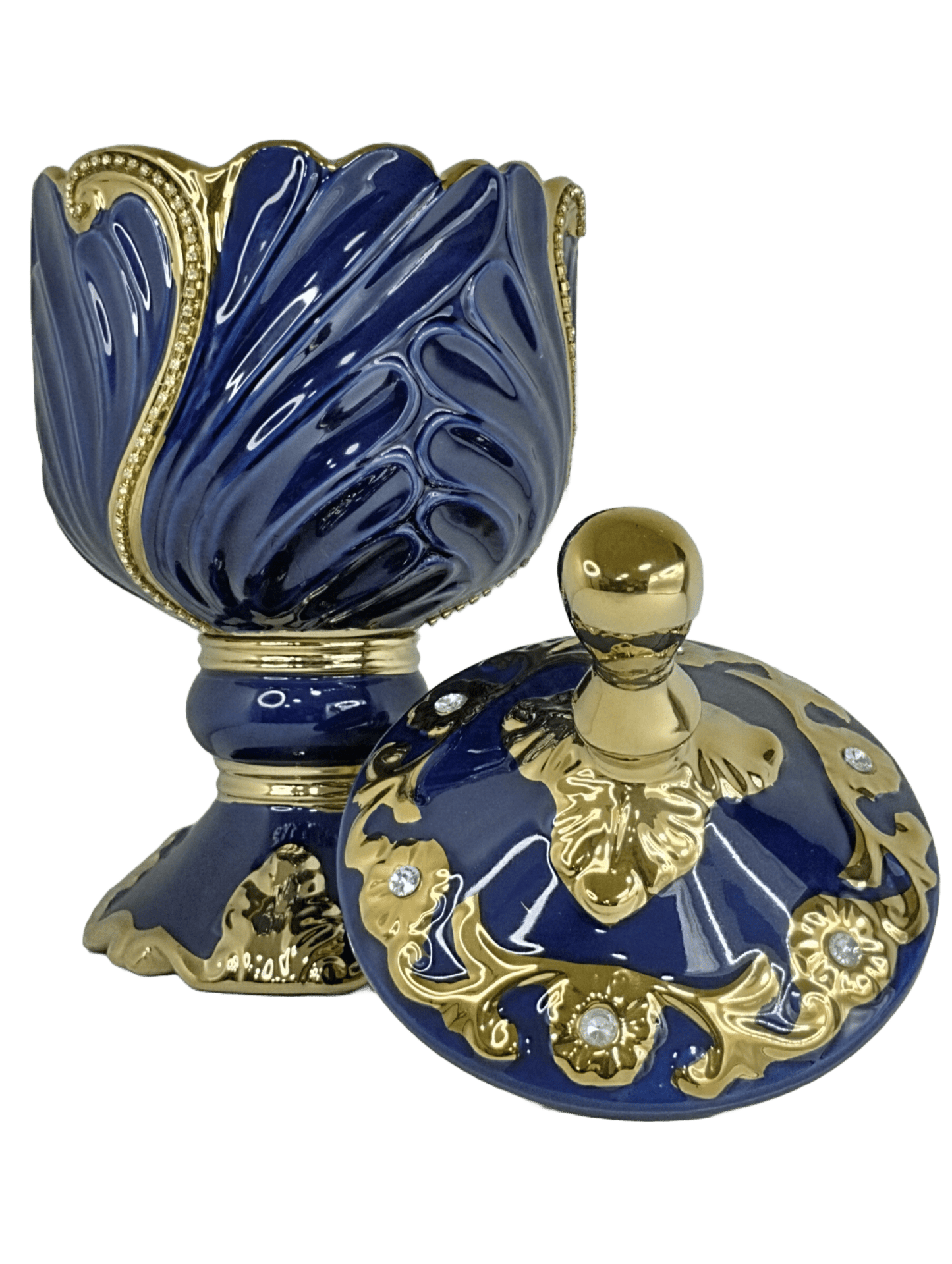 sopera en copa con hojas yemaya azul dorado