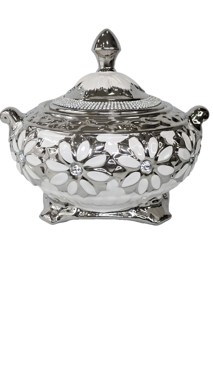 sopera con flores obatala blanco plateado