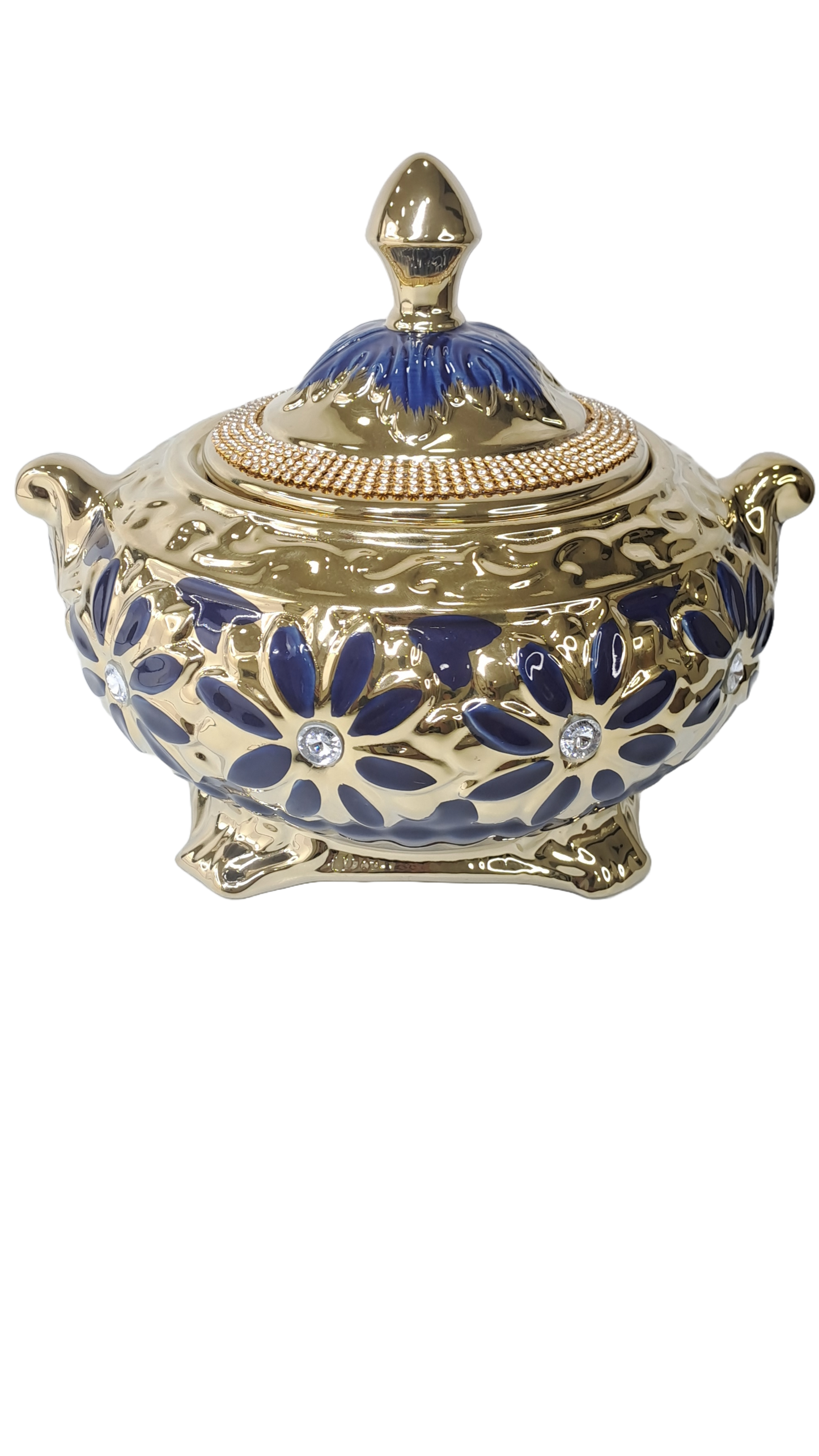 sopera con flores yemaya azul dorado