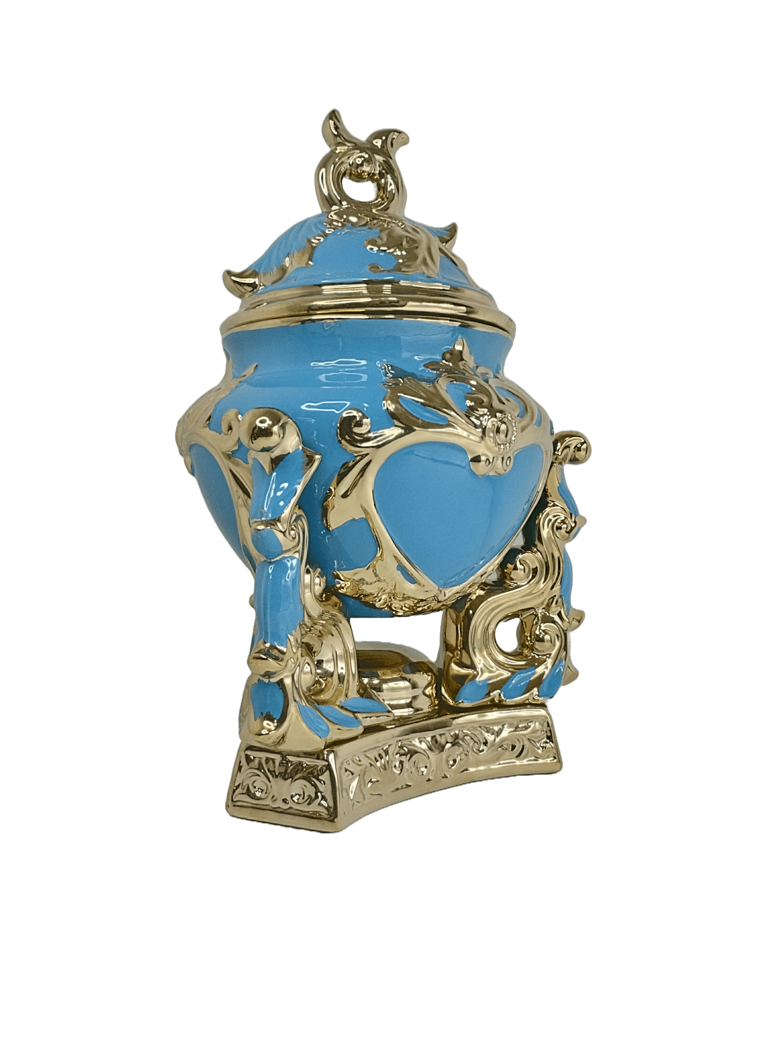 sopera de yemaya con base azul celeste y dorado de lado