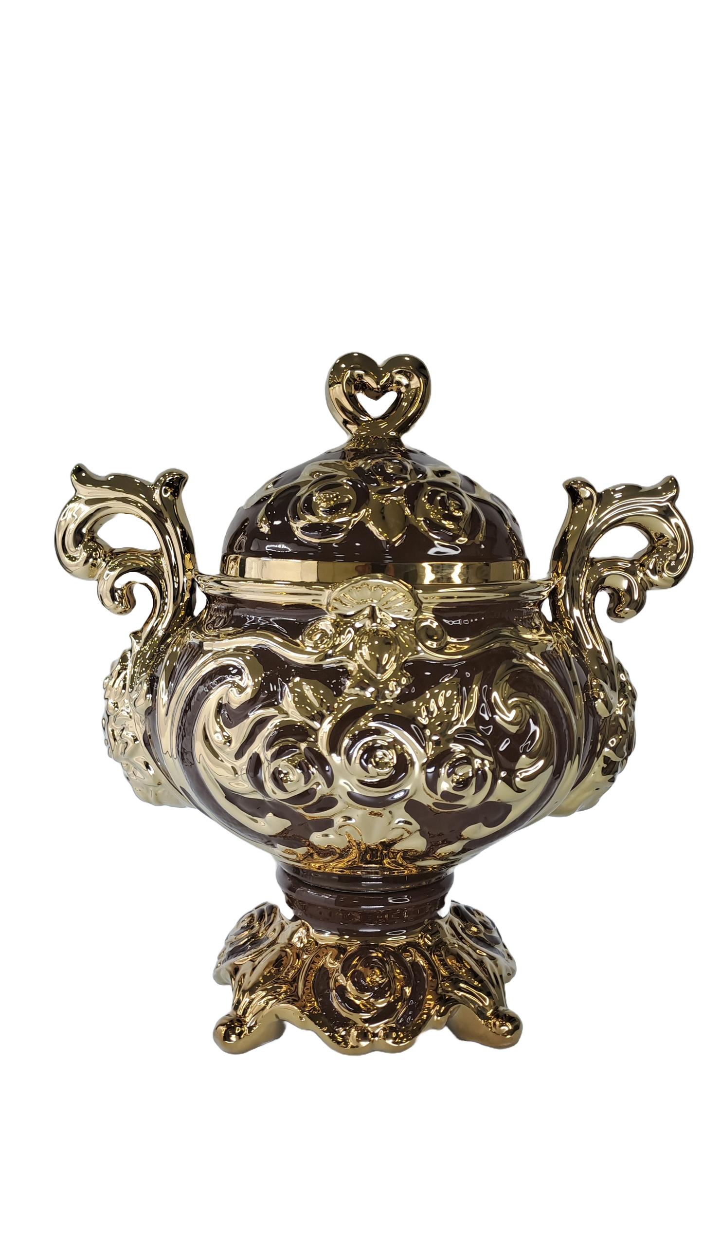 sopera dorada mediana con tapa de corazon oya marron y dorada