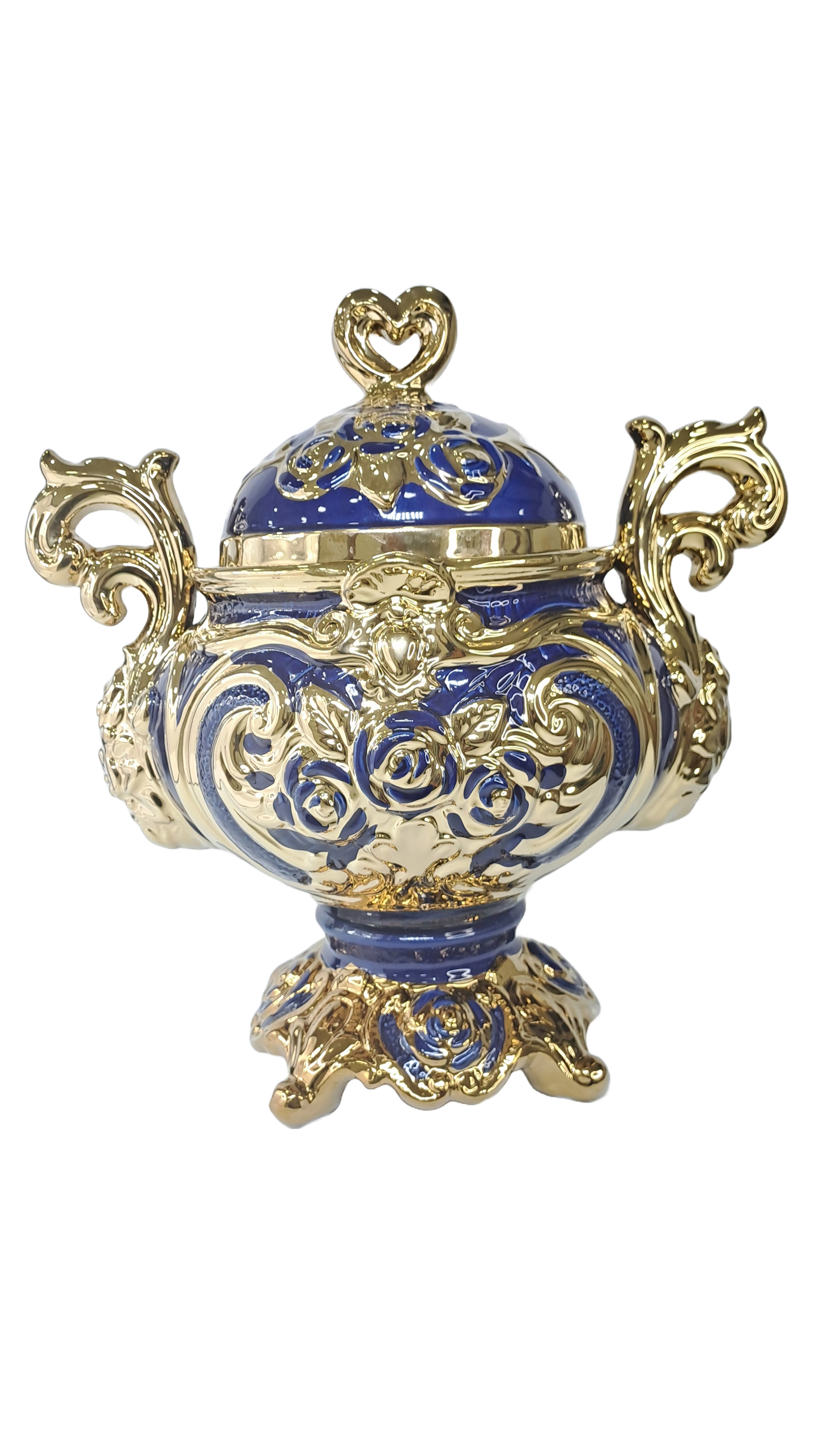 sopera dorada mediana con tapa de corazon yemaya azul y dorada