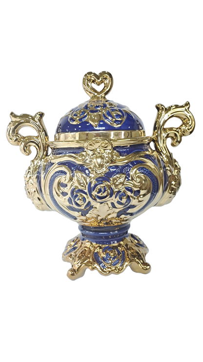 sopera dorada mediana con tapa de corazon yemaya azul y dorada