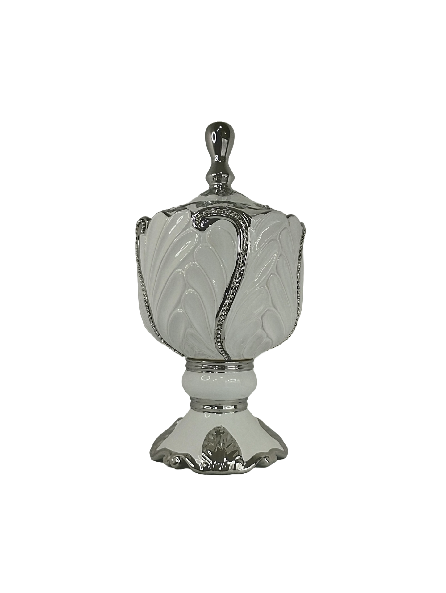 sopera en copa con hojas obatala blanco plateado