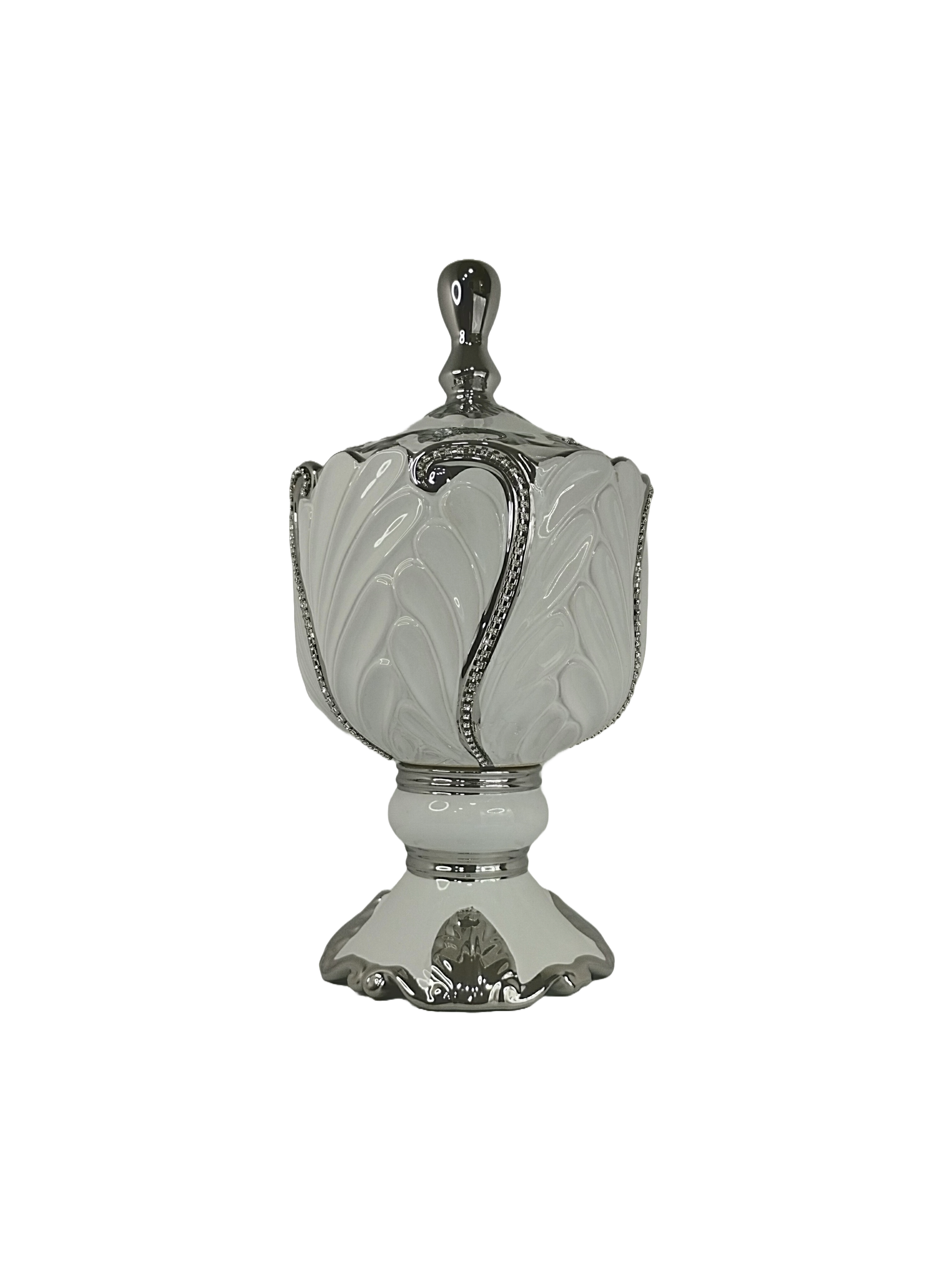 sopera en copa con hojas obatala blanco plateado