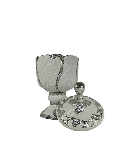 sopera en copa con hojas obatala blanco plateado abierto