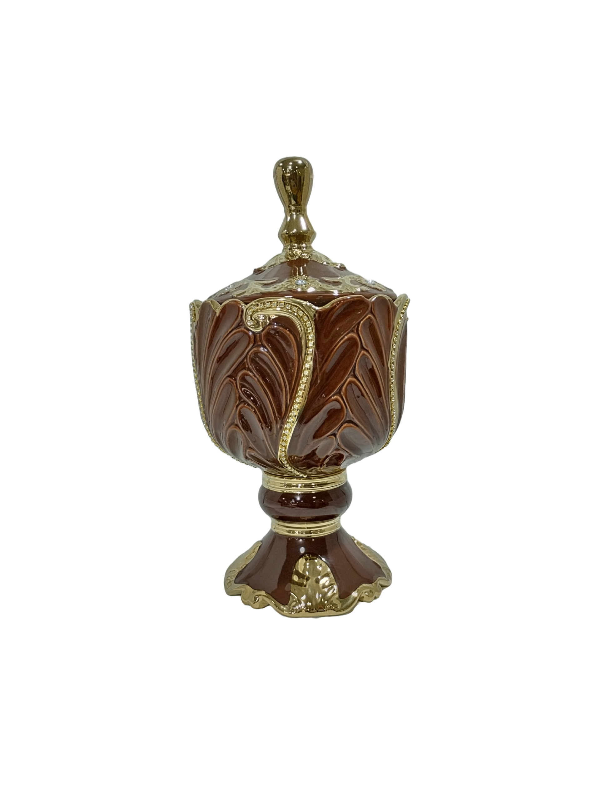 sopera en copa con hojas oya marron dorado