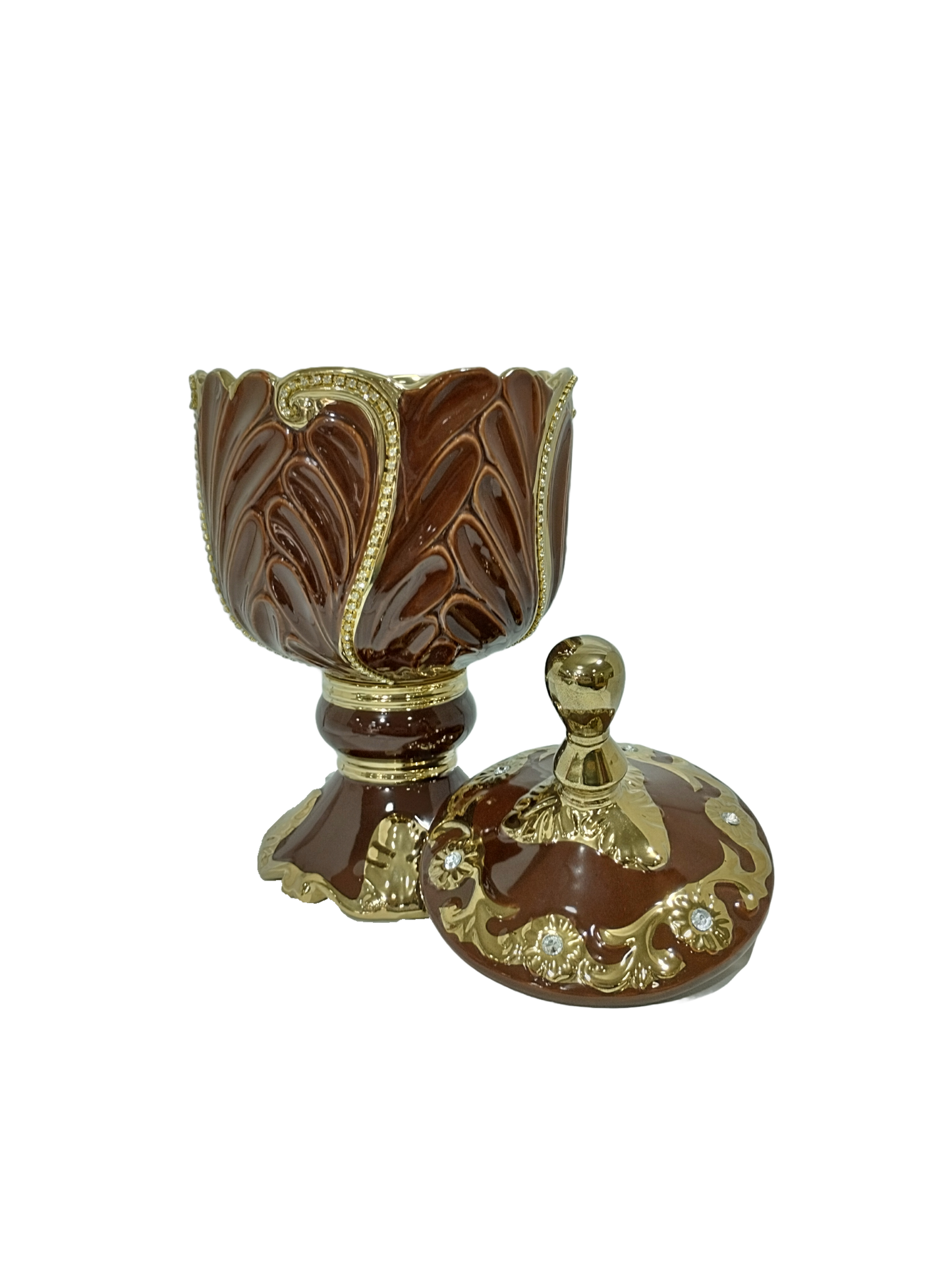 sopera en copa con hojas oya marron dorado abierto