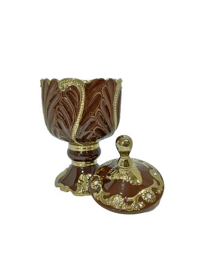 sopera en copa con hojas oya marron dorado abierto