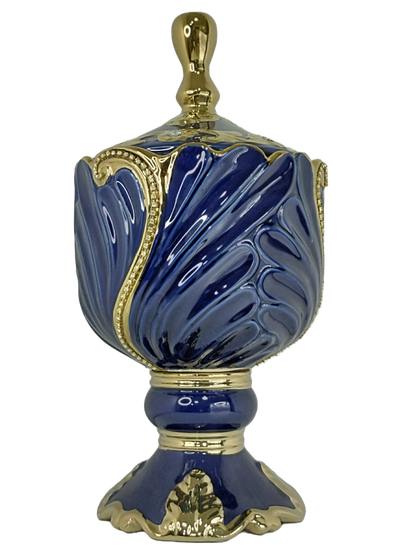 sopera en copa con hojas yemaya azul dorado