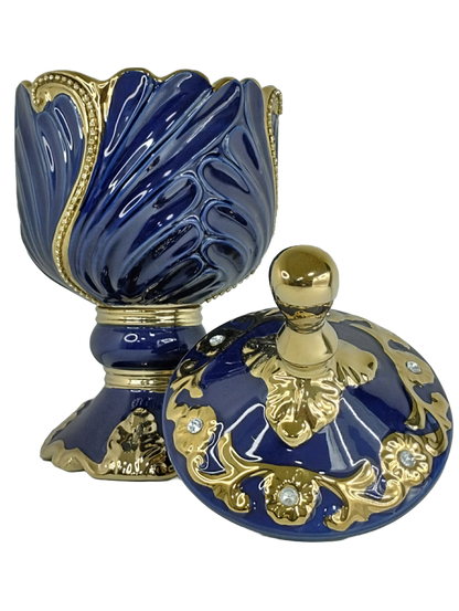 sopera en copa con hojas yemaya azul dorado