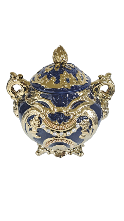 sopera redonda mediana con asas azul y dorado yemaya