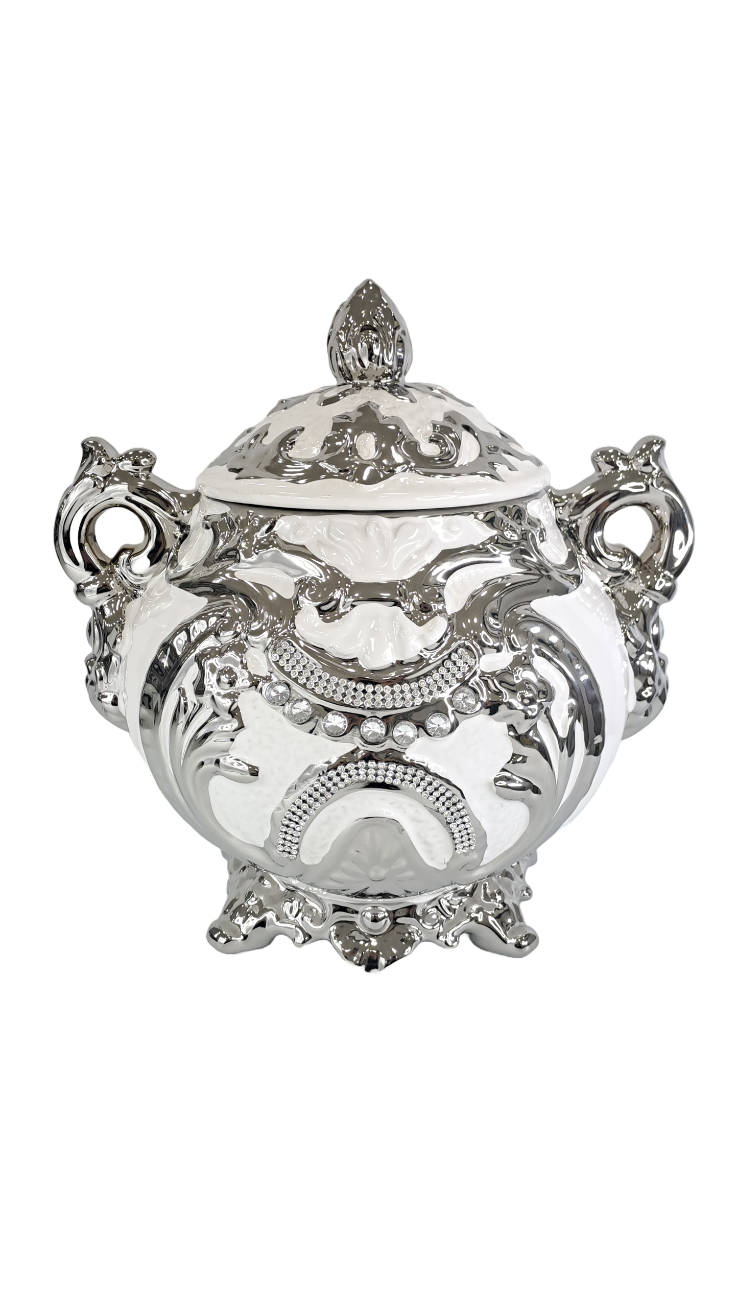 sopera redonda mediana con asas blanco y plateado obatala