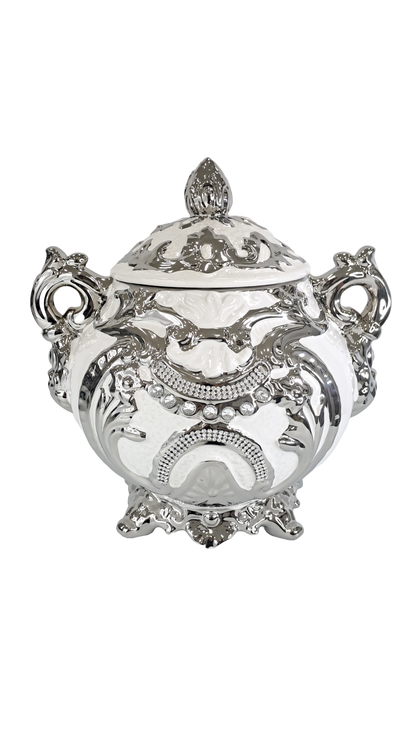 sopera redonda mediana con asas blanco y plateado obatala