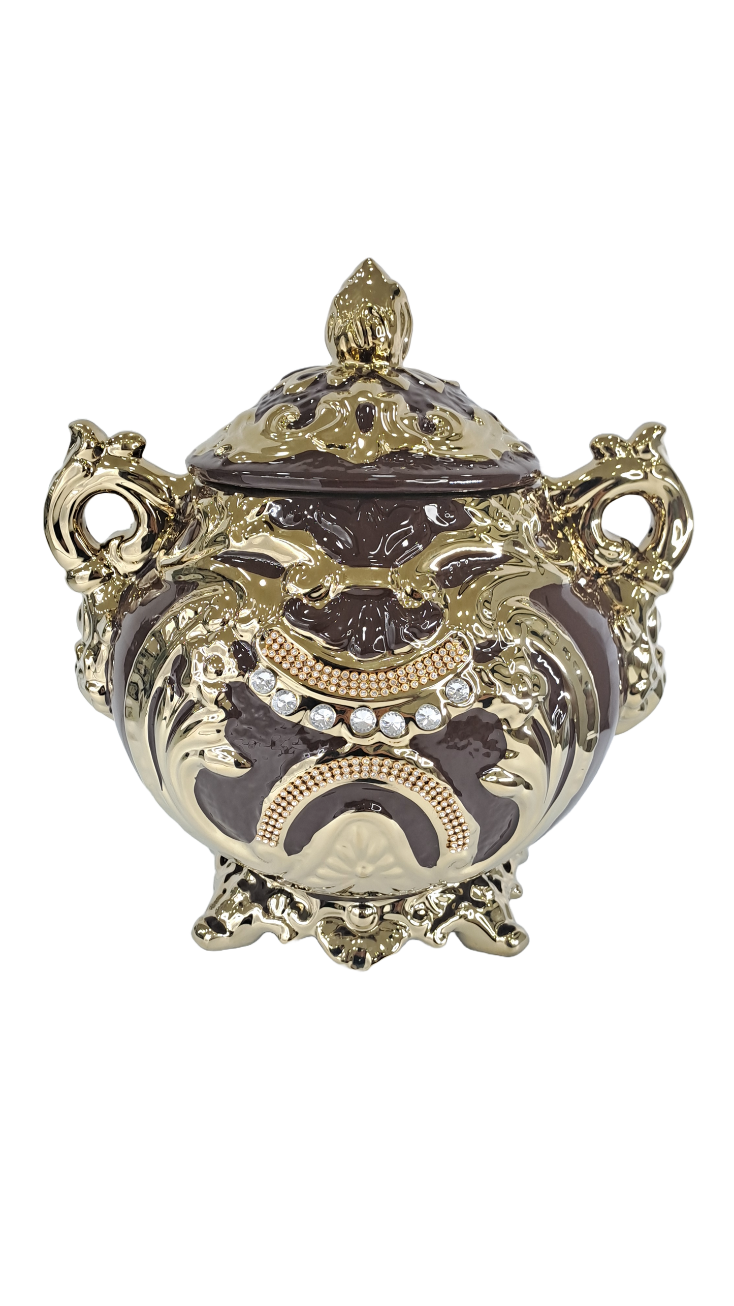 sopera redonda mediana con asas marron y dorado oya