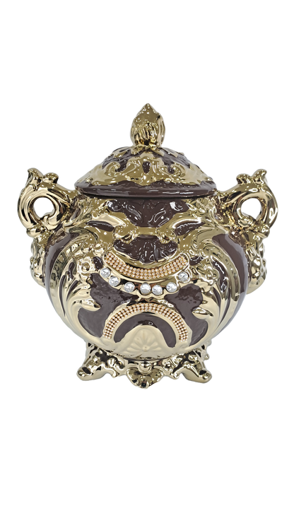 sopera redonda mediana con asas marron y dorado oya