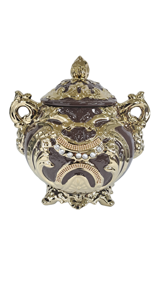 sopera redonda mediana con asas marron y dorado oya